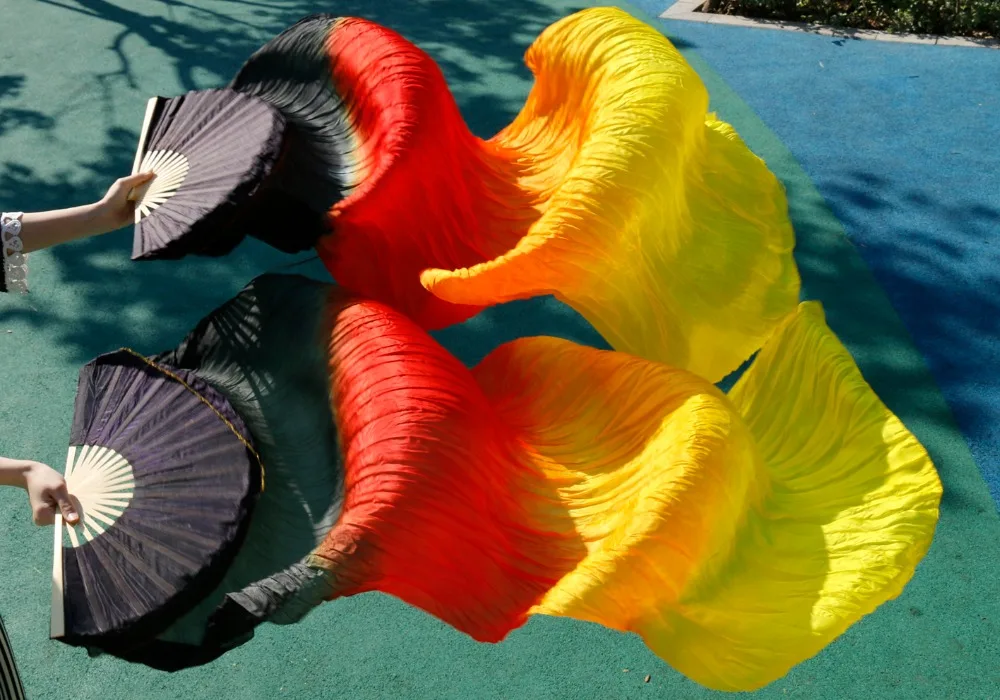 High Quality Belly Dance Fans 100% Real Silk 1 Pair/1 PC 180*90 CM Unisex Dance Performance Props Fans Black+Red+Orange+yellow