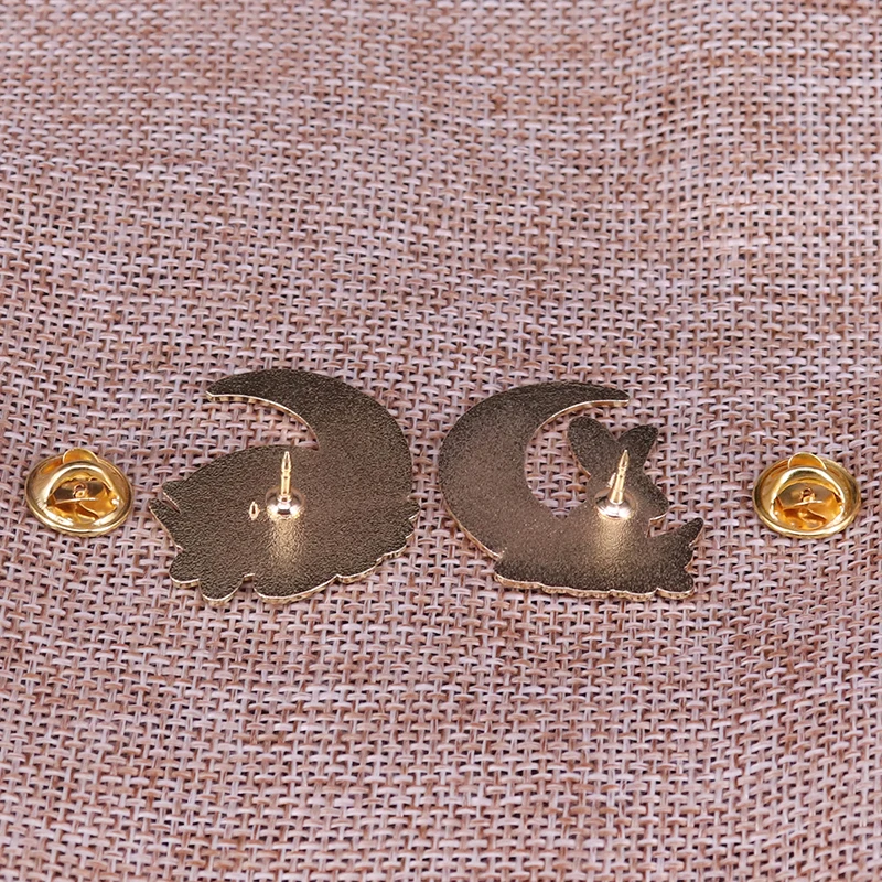 Napping Cat and rabbit hug moon pin brooch set