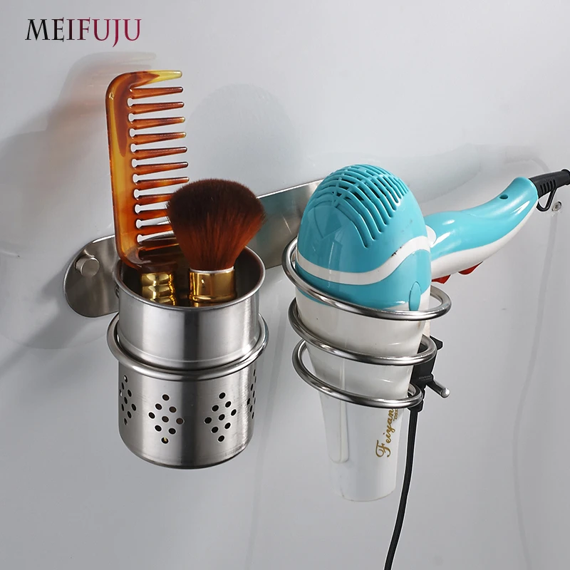 

Stainless Steel Brushed Bathroom Shelf Wall Mount Hair Dryer Holder with Cup Salon Households Drier Comb Rack Storage shelves