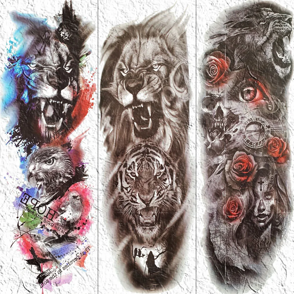 Ferocious Roaring Lion Tiger Tattoo Tempporary Full Arm Leg Body Art Painting Tattoo Sticker For Men Women DIY Fake Tatoo Decals