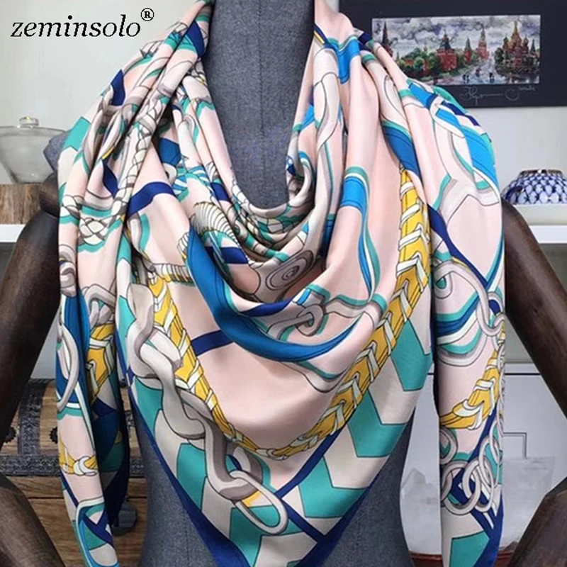 100% Twill Silk Scarf Scarves For Women Hijab Design Print Chain Square Silk Scarves Shawls 130*130cm 2019 Female Bandana Wraps