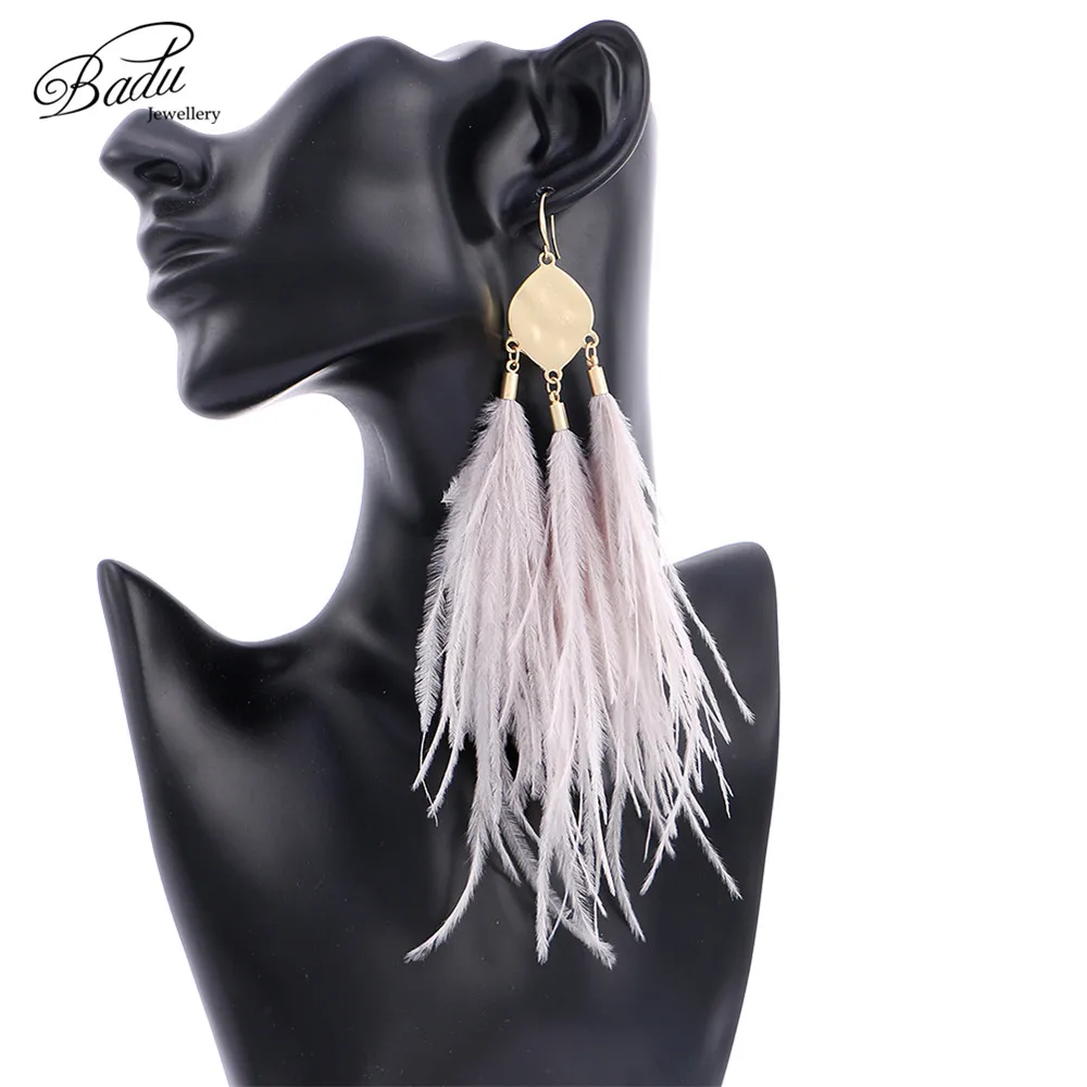 Badu Vintage Ostrich Feather Earring Long Drop Women Winter Autumn Winter Earrings Light Feathers Christmas Jewelry Wholesale