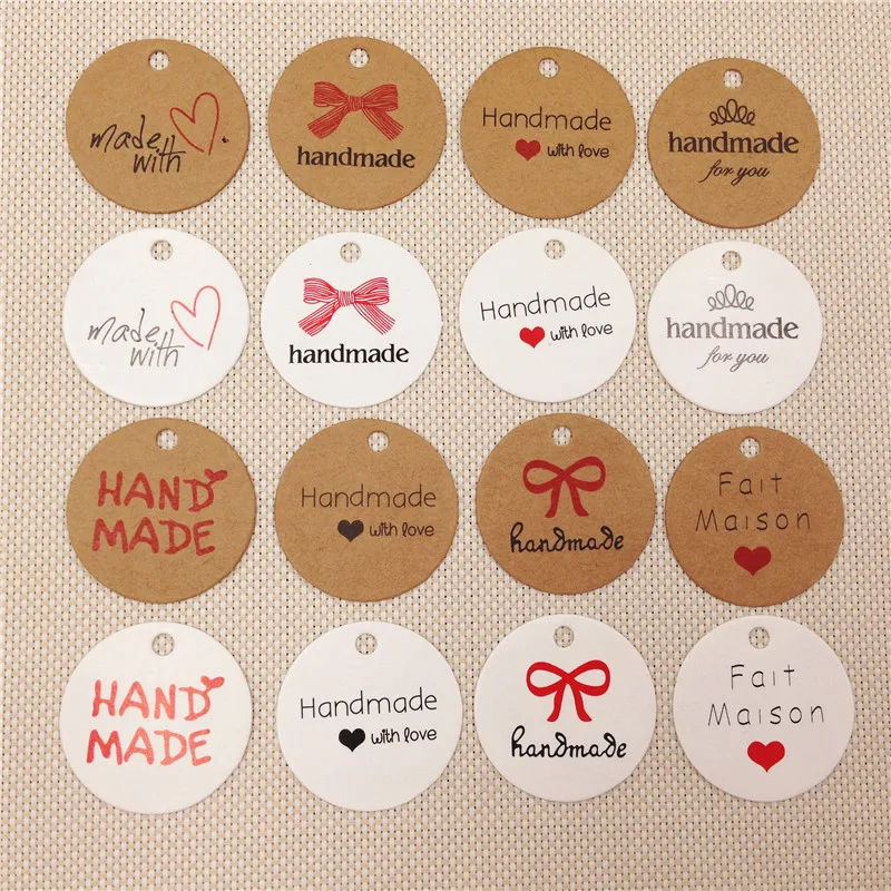 100Pcs/Lot Diameter 3cm Round Hang Tags Various Styles Handmade Festivals Christmas Wedding Labels Note Kraft Listing Paper Tag