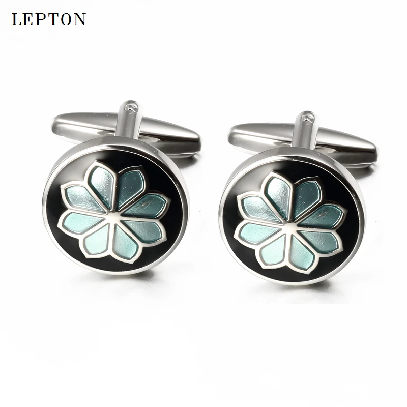 Newest Round blue flowers Cufflinks For Mens Lepton Stainless Steel Top Quality Enamel Flower Design Cuff links Relojes gemelos