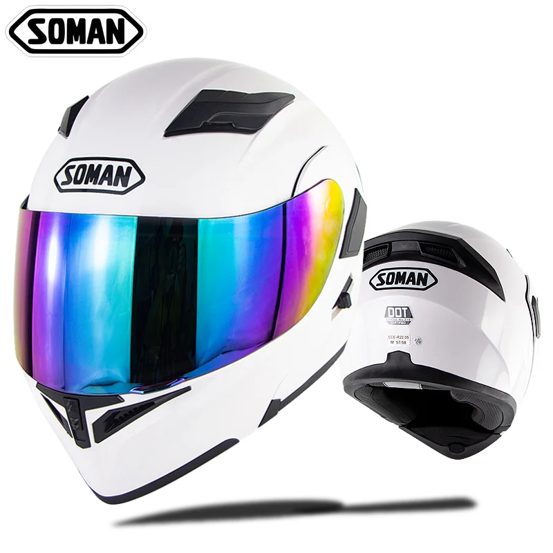 Soman Full Face Motorcycle Street Helmet with K5 Rainbow Lens Motor Bike Racing Helm Motocross Casco Casque Moto DOT SM955