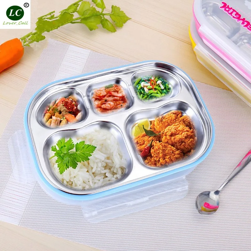 Student Lunch Box Tableware Specialty Plate SS#304 Dinner box 5-grids with PP cover with Double Wall