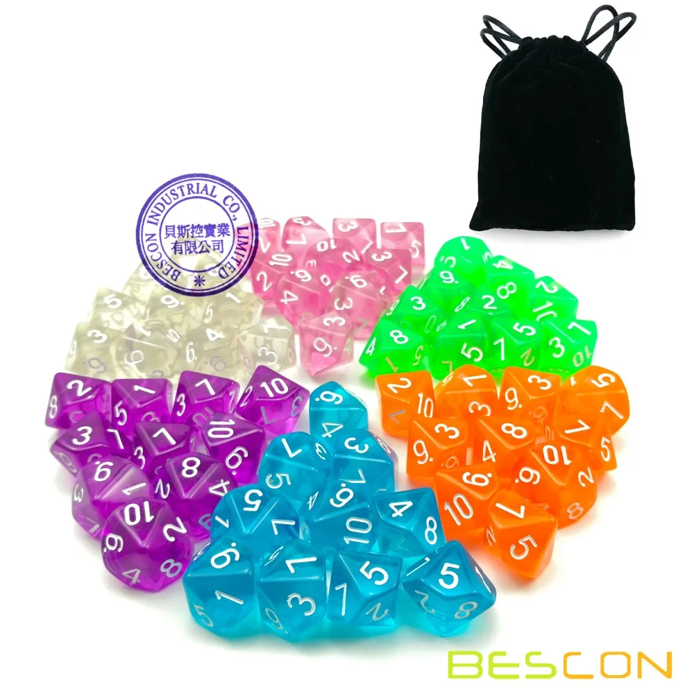 60pcs Assorted Colored Translucent D10 (1-10) Pack,6X10pcs 10 Sides Dice Transparent Polyhedral Dice D10 Set in Drawstring Pouch