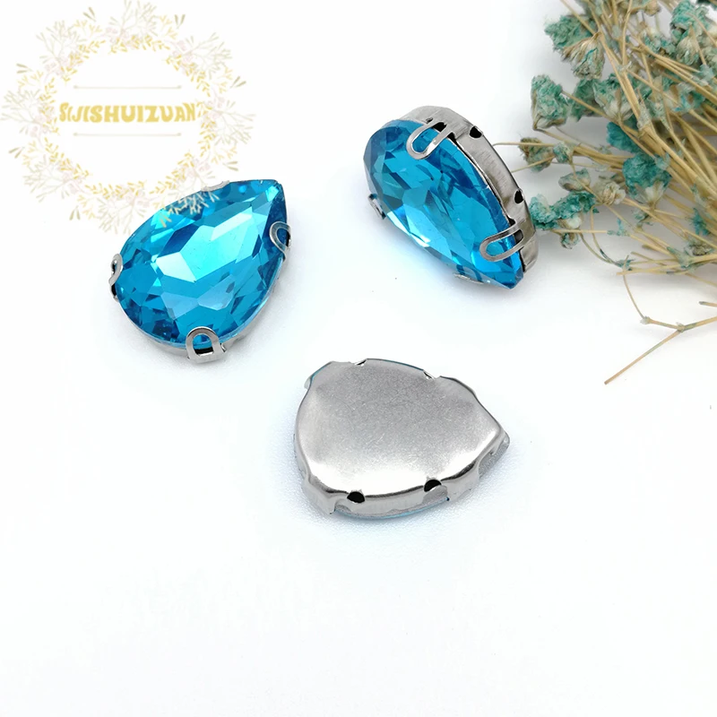 Turquoise Blue Water droplet shap Crystal Glass Sew-on Rhinestones with Claw DIY Dresses and Clothes13*18 10*14 7*10 18*25 20*30