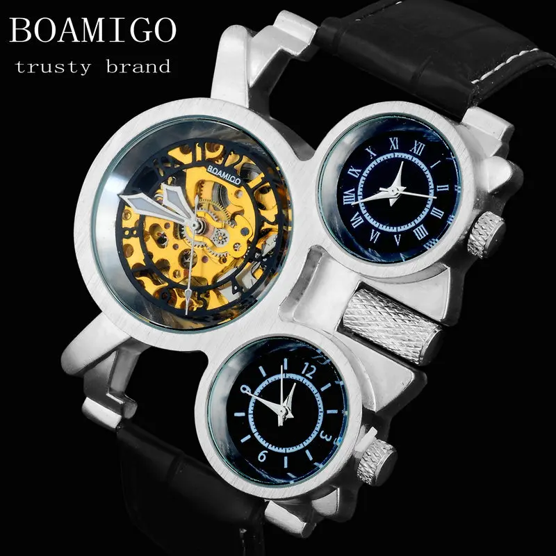 2015 new watches men luxury brand BOAMIGO steampunk sports watches automatic mechanical Quartz Watch leather band wristwatches