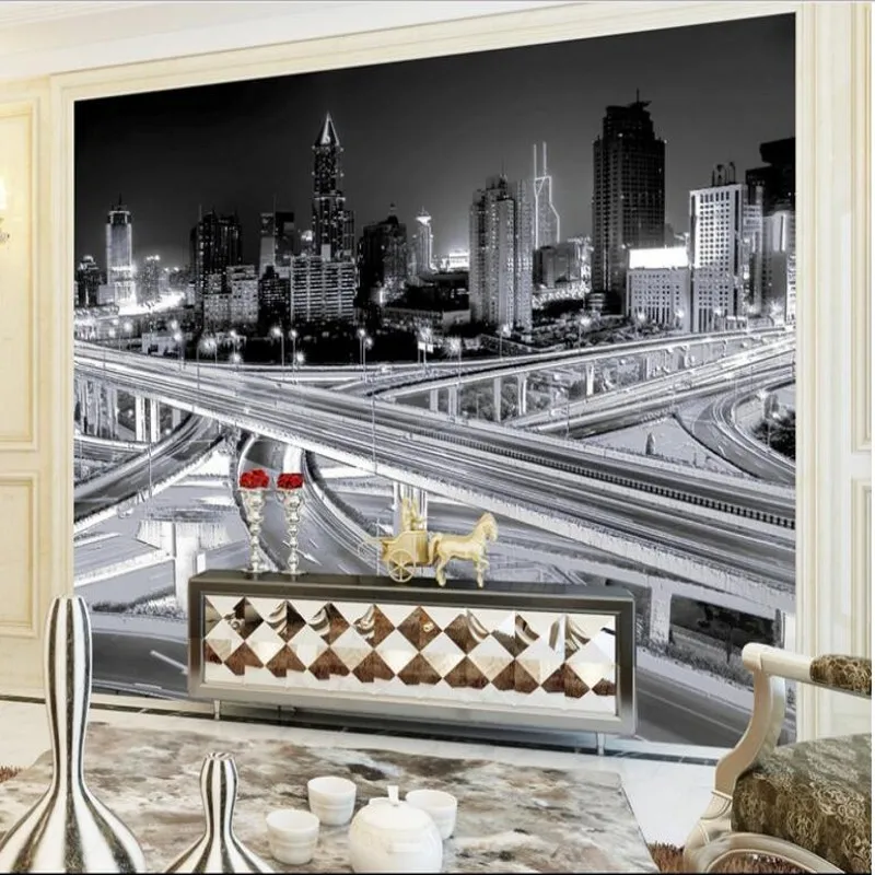 wellyu Custom large - scale murals beautiful city night landscape black and white retro wallpaper non - woven wallpaper