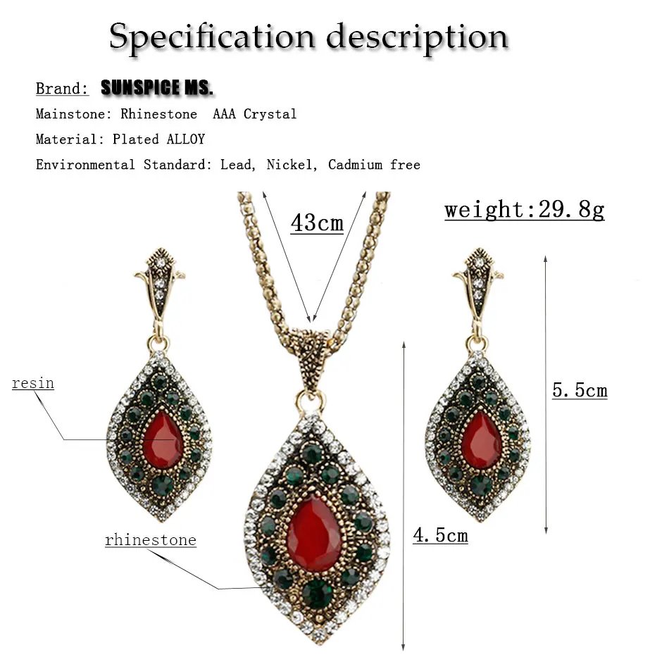 Turkish Vintage Jewelry Sets Water Drop Earrings Resin Necklace Antique Gold Color Crystal Bohemia Ethnic Wedding Jewelry 2018