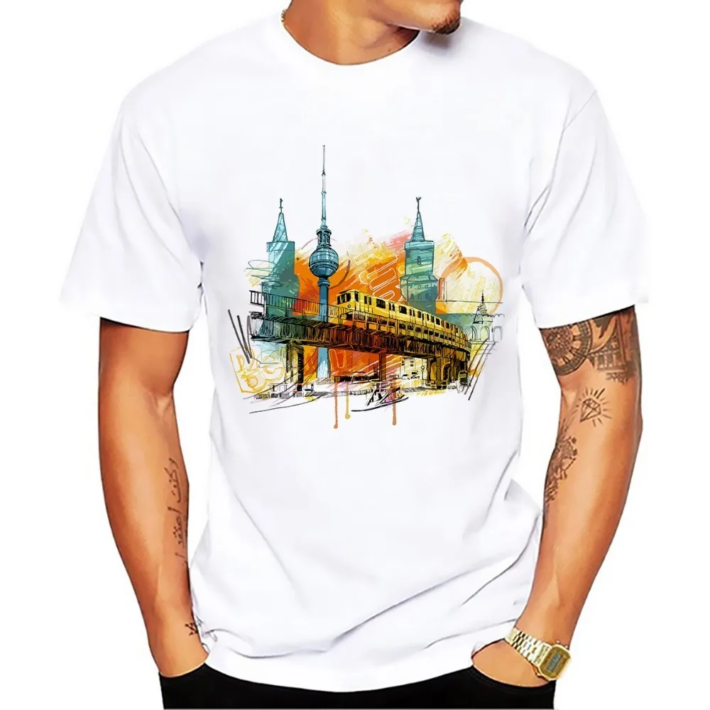 watercolor Germany Berlin city landmark breathable print tshirt men new white casual homme cool unisex streetwear t shirt