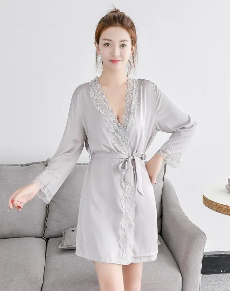 1620 Women\'s Satin Silk Woman Lace Robe Female Lace Bathrobe Womens Robes Sleepwear Ladies Sexy Robe For Women Drop Shipping