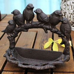 Rustic Birds Branch Cast Iron Bird Feeder Antique Retro Small Size Six Birds On Tree Branch Nest Shape Wall Mounted Storage Tray