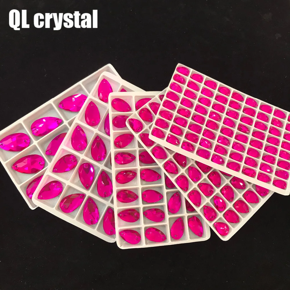 QL Crystal 2018 popular Rose red Drops Sew On Crystals for Craft Sewing On Rhinestone 2 Holes DIY Garment Dress Making