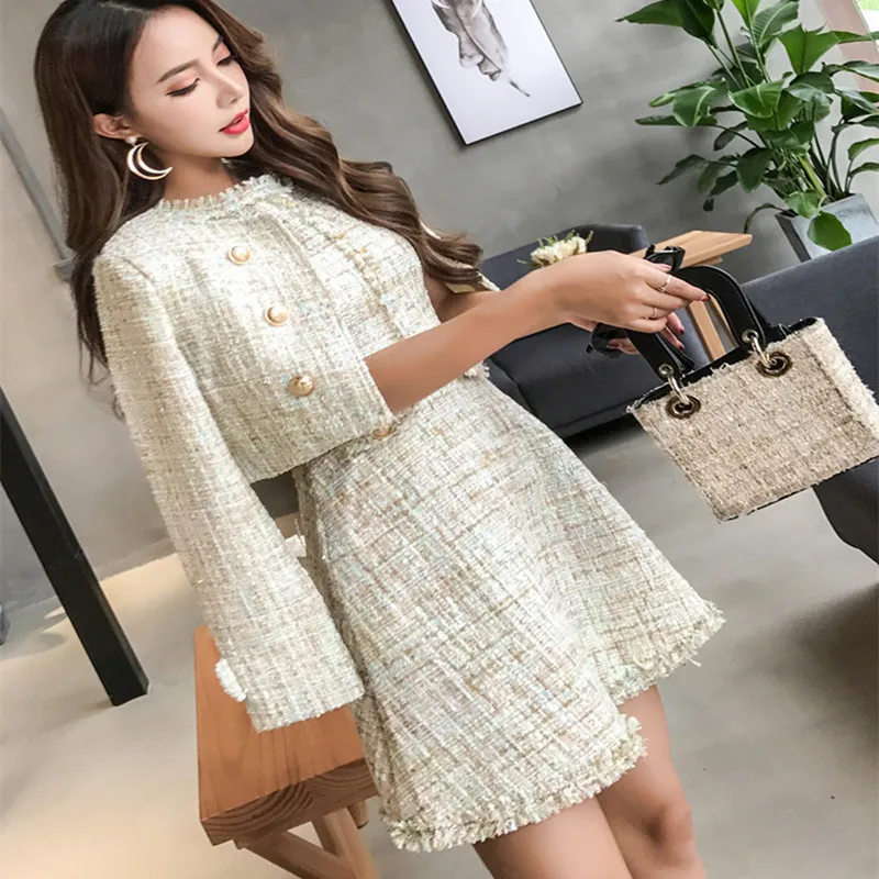 Autumn and Winter Casual Commuting Long Sleeved Round Neck Double Row Button Short Jacket Dress Two-Piece Set for Women