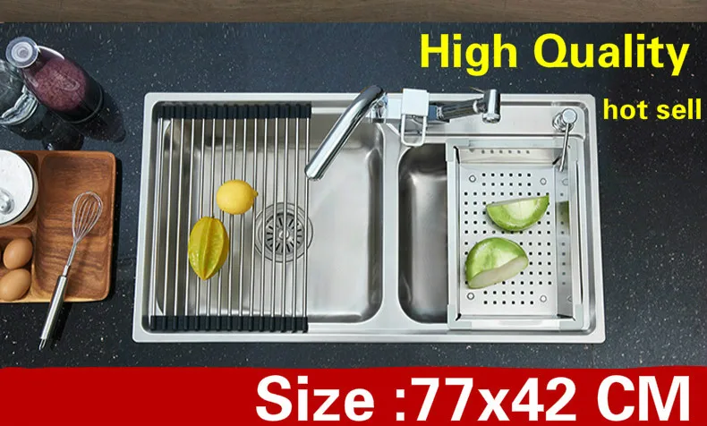 

Free shipping Apartment high quality kitchen double groove sink do the dishes food grade 304 stainless steel hot sell 77x42 CM