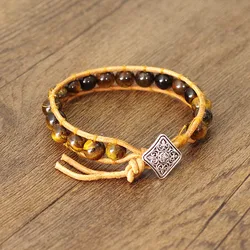 Natural Stone Tiger Eye Beads Leather Wrap Bracelet & Bangle Women Men Fashion Jewelry Boho Yoga Chakra Charm Bracelet Gift