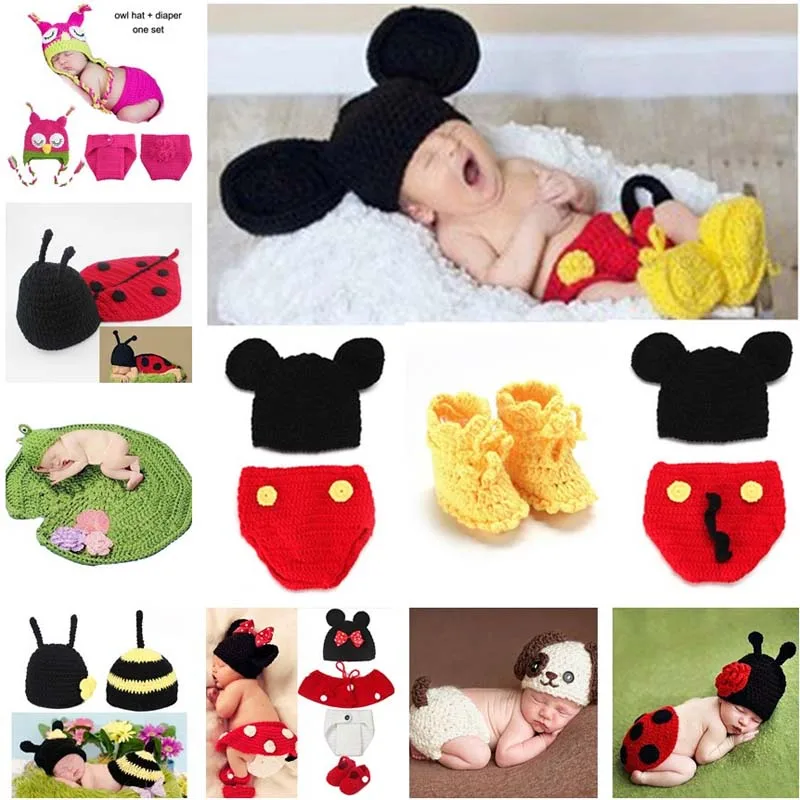 Tier Design Neugeborenen Baby Häkeln Fotografie Requisiten Handgemachte Stricken Mickey Kostüm Outfit Schläfrige Eule Frosch Baby Geschenk SG058