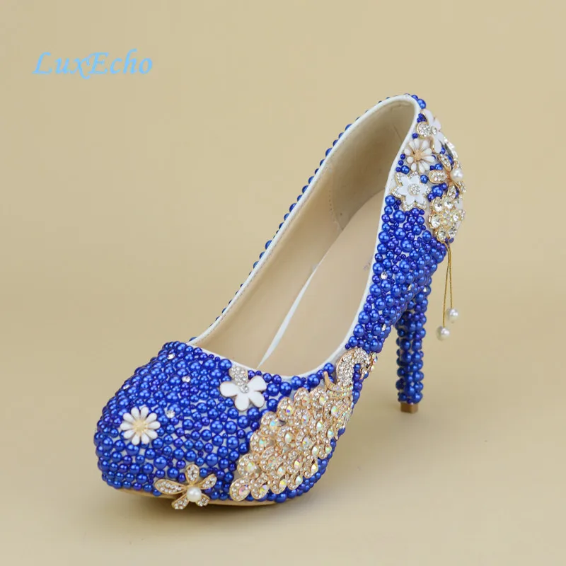 NEW Royal blue pearl wedding shoes and Bags SETS women\'s high heels platform shoes woman party Dress shoe with matching bag