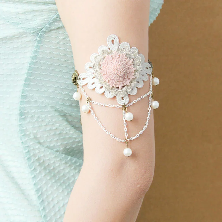 Women Armlet Handmade Boho Dance Bridal Party Arm Band Armband Layer Flower Heart Lace Chain Rose Pearl Bracelet Fashion Jewelry