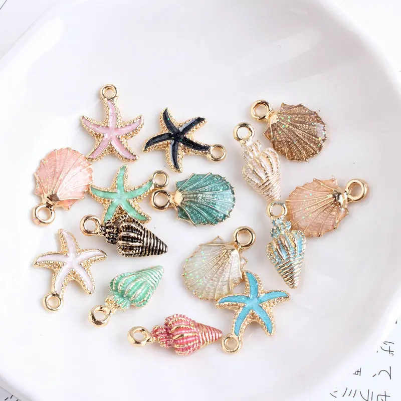 50PCS Alloy Metal Enamel Sea Starfish,Shell,Sea Charms Colorful Oil Drop Pendant for Jewelry Making Findings