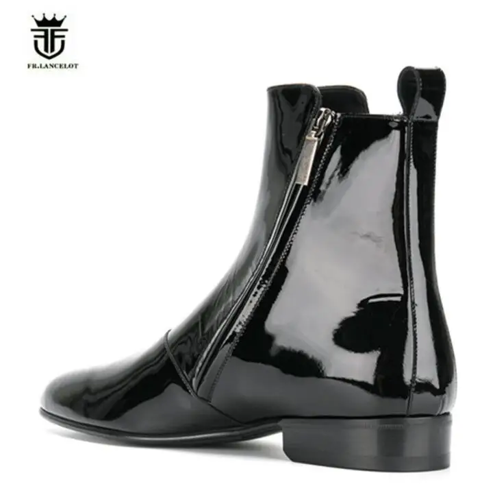 FR.LANCELOT 2020 men patent leather boots brand desigh men fashion boots zip up mujer bota pointed toe chelsea booties