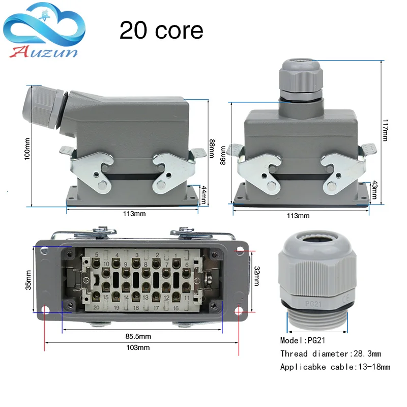 Conector resistente retangular, plugue impermeável da aviação, linha superior e lateral conector, HDC-HE4, 6, 10, 16, 20, 24, 32, 48 Pin do núcleo,