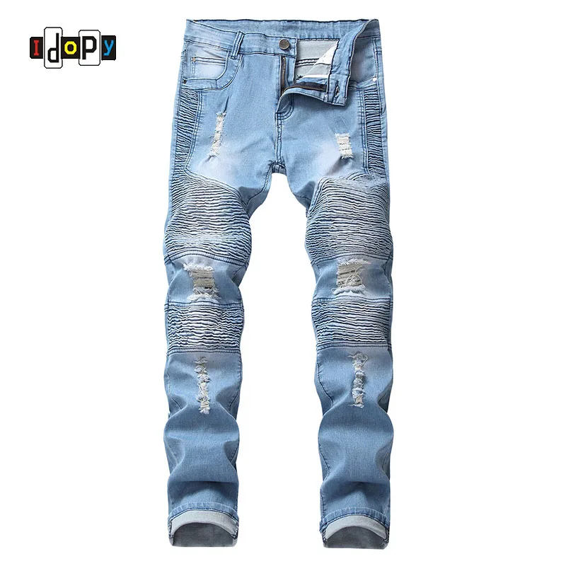 Idopy Men`s Fashion Ripped Jeans Stretch Hip Hop Street Style Vintage Washed Brand Designer Denim Joggers For Male