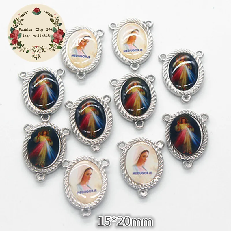 50pcs 15*20mm Two Sides Epoxy Rosary Centerpiece,Jesus Christianism Icon Charm,DIY Rosary Jewelry Accessories