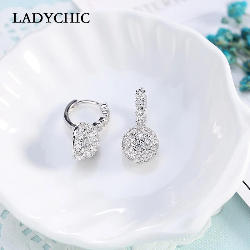 LADYCHIC Brand Luxury Bride Wedding Jewelry Micro Inlay Zircon Hemisphere Hoop Earrings Silver Color Earrings Jewelry LE1032