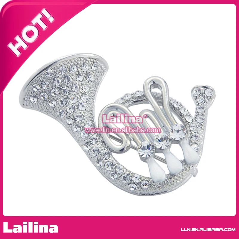 

100pcs/lot Sliver-tone Decorated Horn Rhinestone Brooch Pin with Clear Crystals