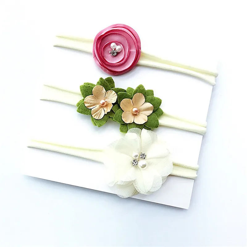 3pcs/set Newborn headband skinny soft nylon headband satin chiffon flower girl headband