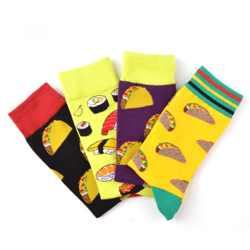 Colorful Cartoon Food Hamburger Sushi Mushroom Red Wine Happy Funny Socks Men Socks Autumn Winter Harajuku Hip Hop Street Style