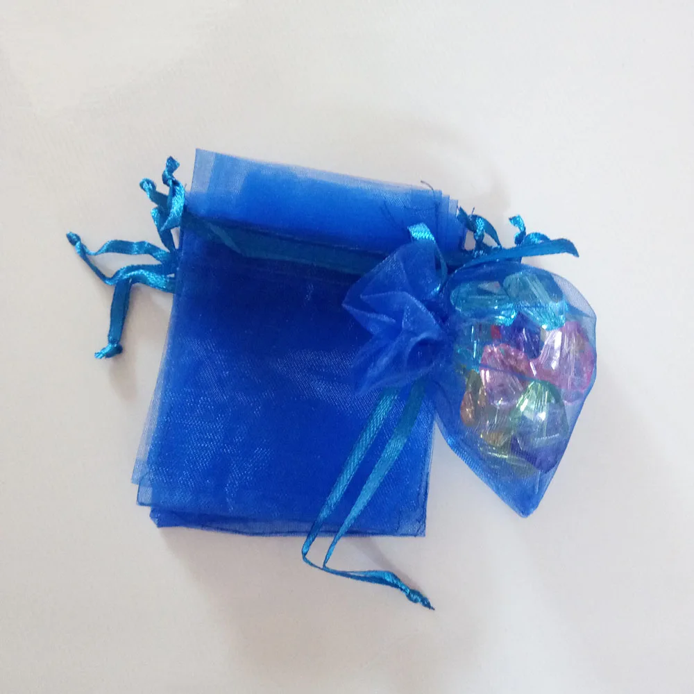 100 Uds. Bolsas de regalo de color azul real, bolsas de joyería y embalaje, bolsa de Organza, bolsa con cordón, bolsas de exhibición de almacenamiento de viaje para boda/mujer