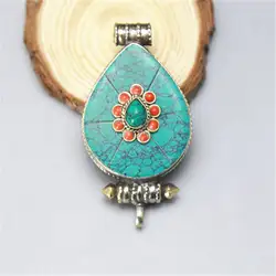 TGB076 Tibetan Amulet GAU Prayer box Pendants Inlaid Cyan Stone Vintage Jewelry