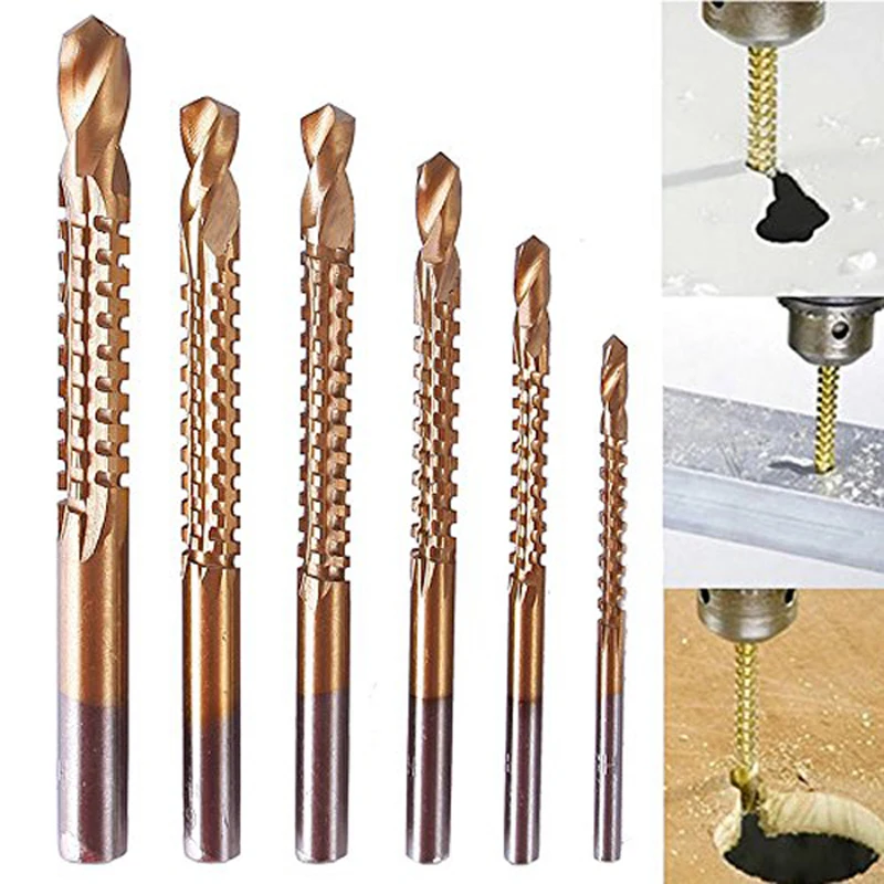

6pcs Professional Titanium Coated HSS Drill Bit Electric Drill Plastic Metal Hole Grooving Drill Saw Carpenter Woodworking Tools
