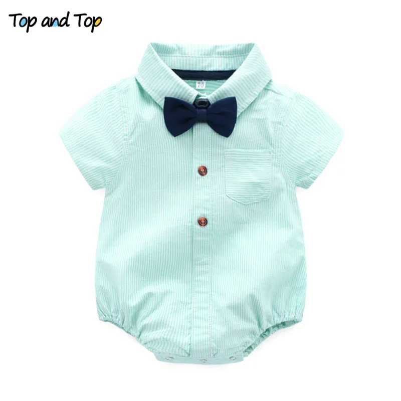 Top and Top Summer Baby Boys Gentleman Striped Clothes Sets Cotton Short Sleeve Rompers Shirts + Shorts + Bow Tie 3pcs/set