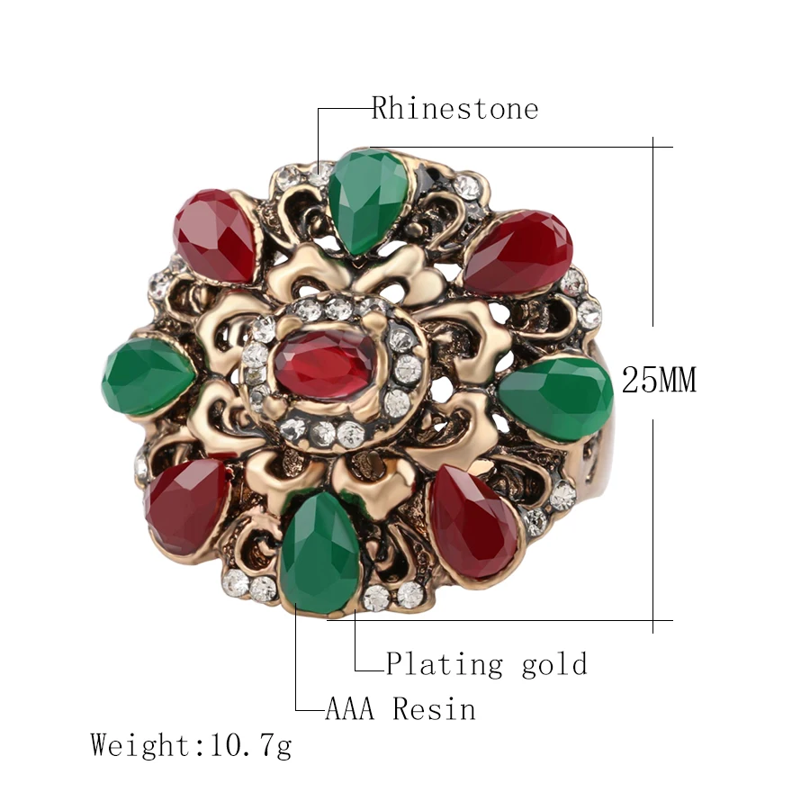 Ethnic Turkish Jewelry Bohemian Rings For Women Antique Gold Mosaic Colorful Resin Crystal Ring Vintage Accessories