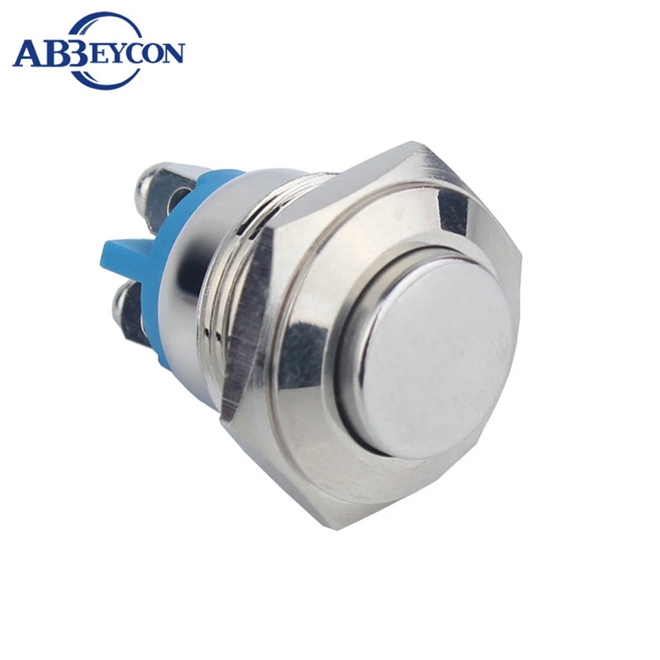 16A 16mm Metal Shell 220V/120V Push Button Momentary Switch High Round Nickel Plated Brass 1NO Screw Terminal Waterproof Switch