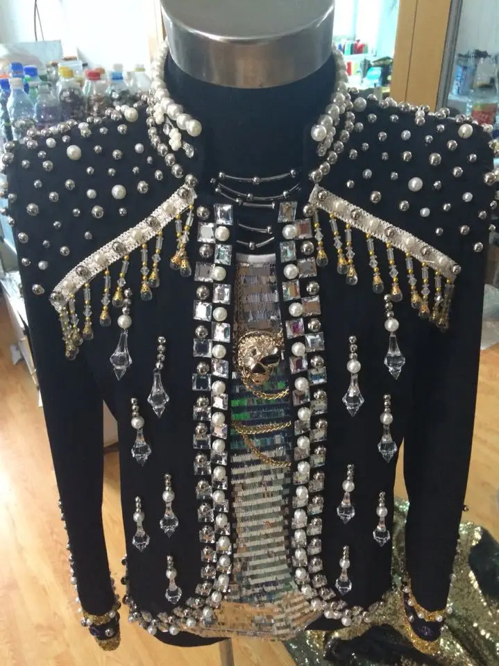 Men Plus size Crystal rhinestone decorate black blazer outerwear ds dj male singer dancer coat jazz slim jacket stage costume