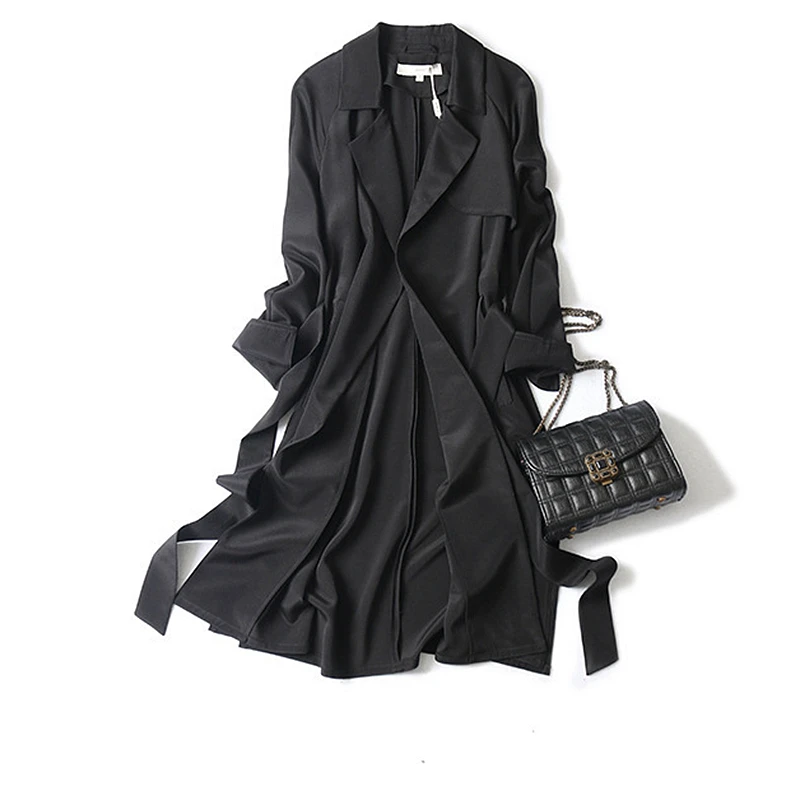 High-end Windcoat Women Trench Coat 100% Heavy Silk Classical Simple Design Dustcoat Sashes 2 Colors Spring New Fashion