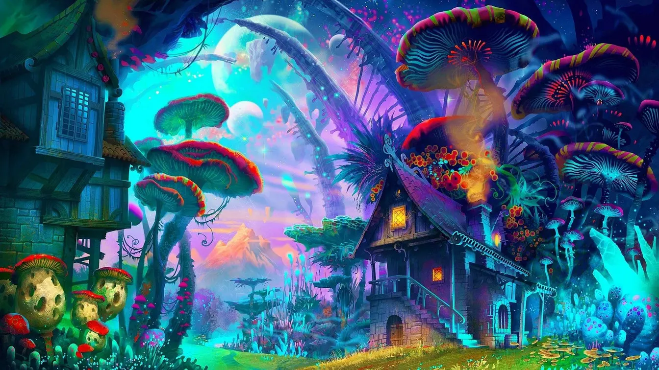 psychedelic mushrooms magic forest cottage fairy tale backgrounds   Computer print children kids photo backdrop