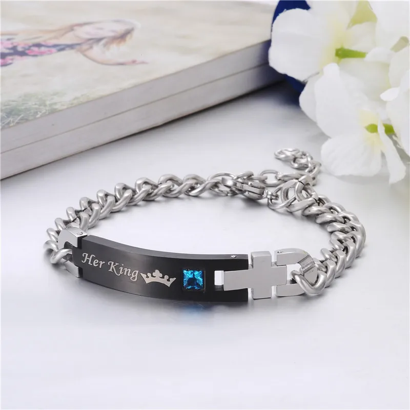 His Queen Her King Couple Bracelets Stain Steel Crystal Charm Bangle For Women Men Fashion Jewelry Birthday Gift