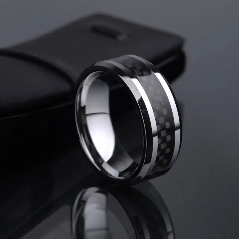 Hot INS High Polished 8mm Width Tungsten Rings Black Carbon Fiber Inaly For Man\'s Finger Rings Size 6-14 Comfort Fit
