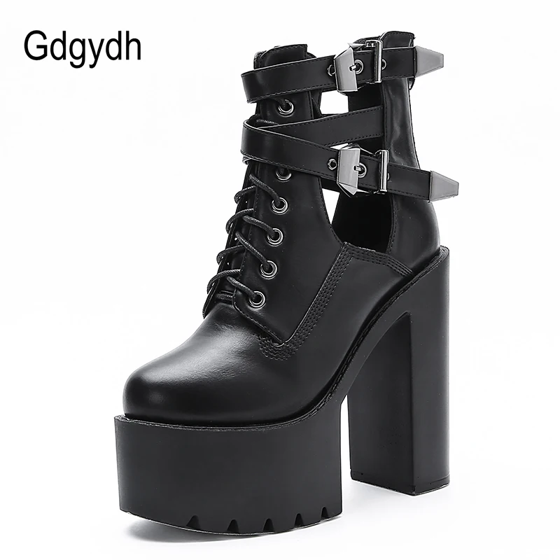 Gdgydh Ankle Buckle Strap Womens Block Heels Platform Boots Nightclub Party Shoes High Heels Hollow Out Goth Short Boots Zipper