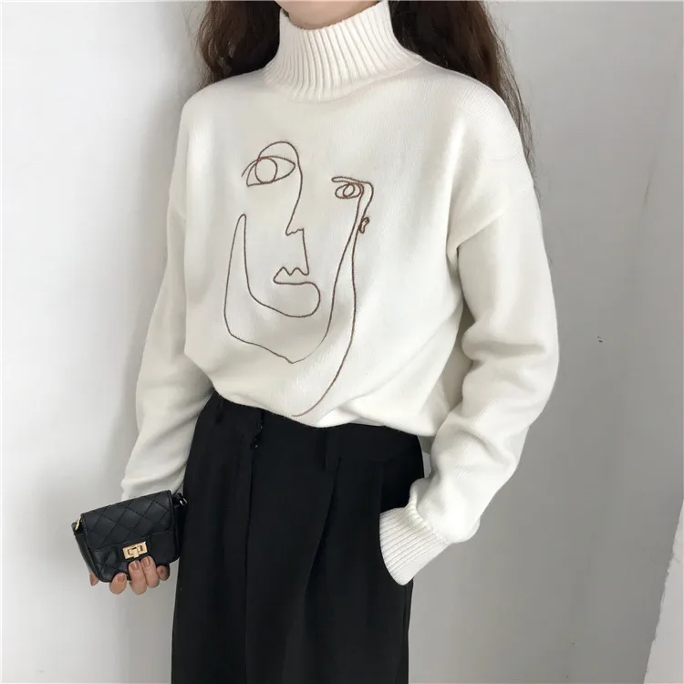 Character Embroidered Sweater Woman High Collar Long Sleeve Knit Wool Pullover Spring and Autumn 2019