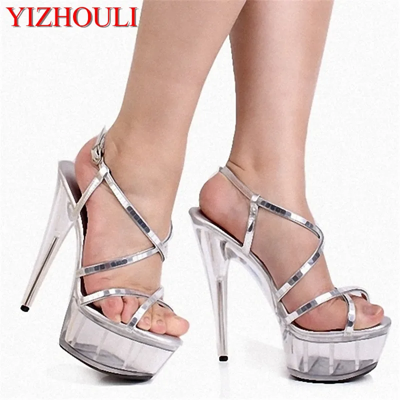 

Silver ankle strap 15cm sexy see-through heels platform pole dancing/show/star/model party sandals