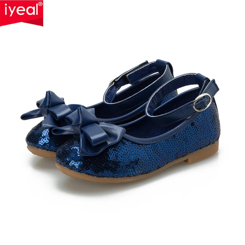 IYEAL Baby Girls Shoes For Children Princess Butterfly Sequins Flower Girl Glitter Formal Leather Kids Shoes Red/Navy Blue