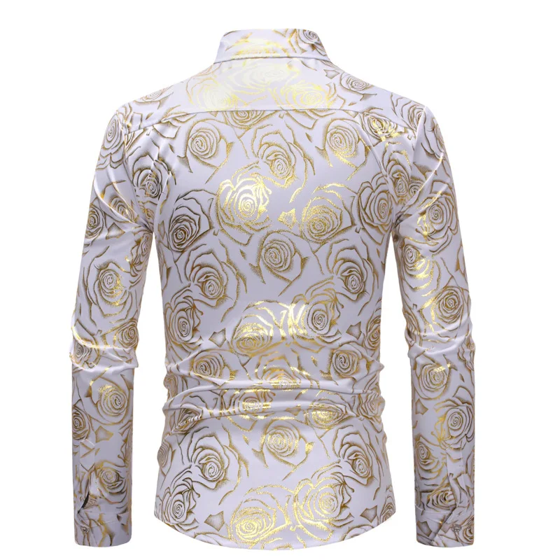 Shiny Gold Rose Print White Men Shirt Long Sleeve Slim Fit Floral Mens Dress Shirts Party Casual Prom Male Social Shirt Camisas